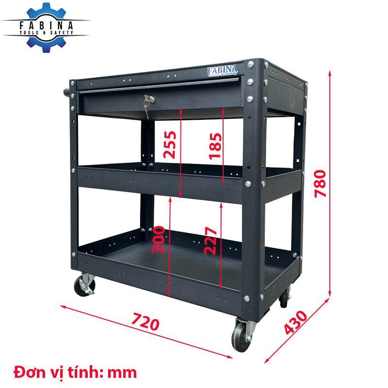 Kệ thép di động 3 ngăn 1 hộc kéo màu đen FABINA