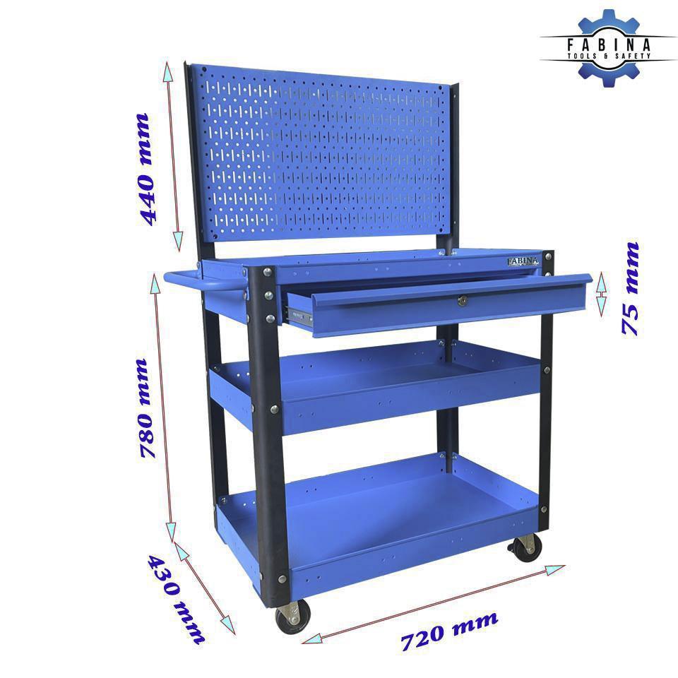 Kệ thép di động 3 ngăn 1 hộc kéo vách lưới xanh dương Fabina