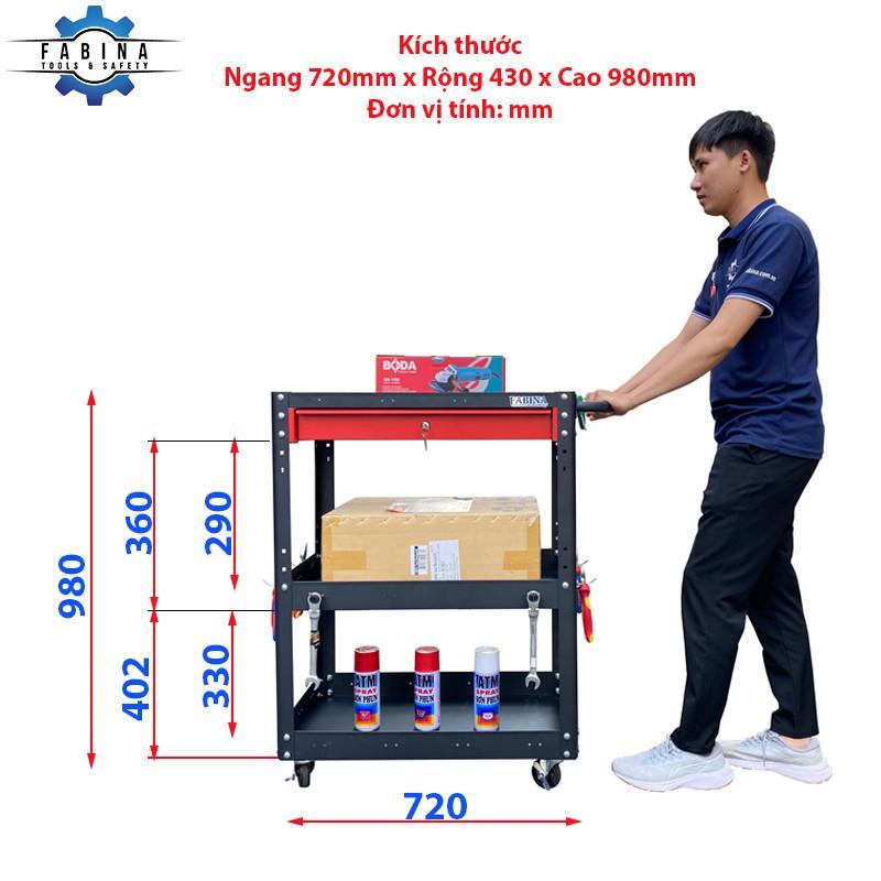 Kệ thép di động 3 tầng cao 980mm màu đen hộc kéo đỏ