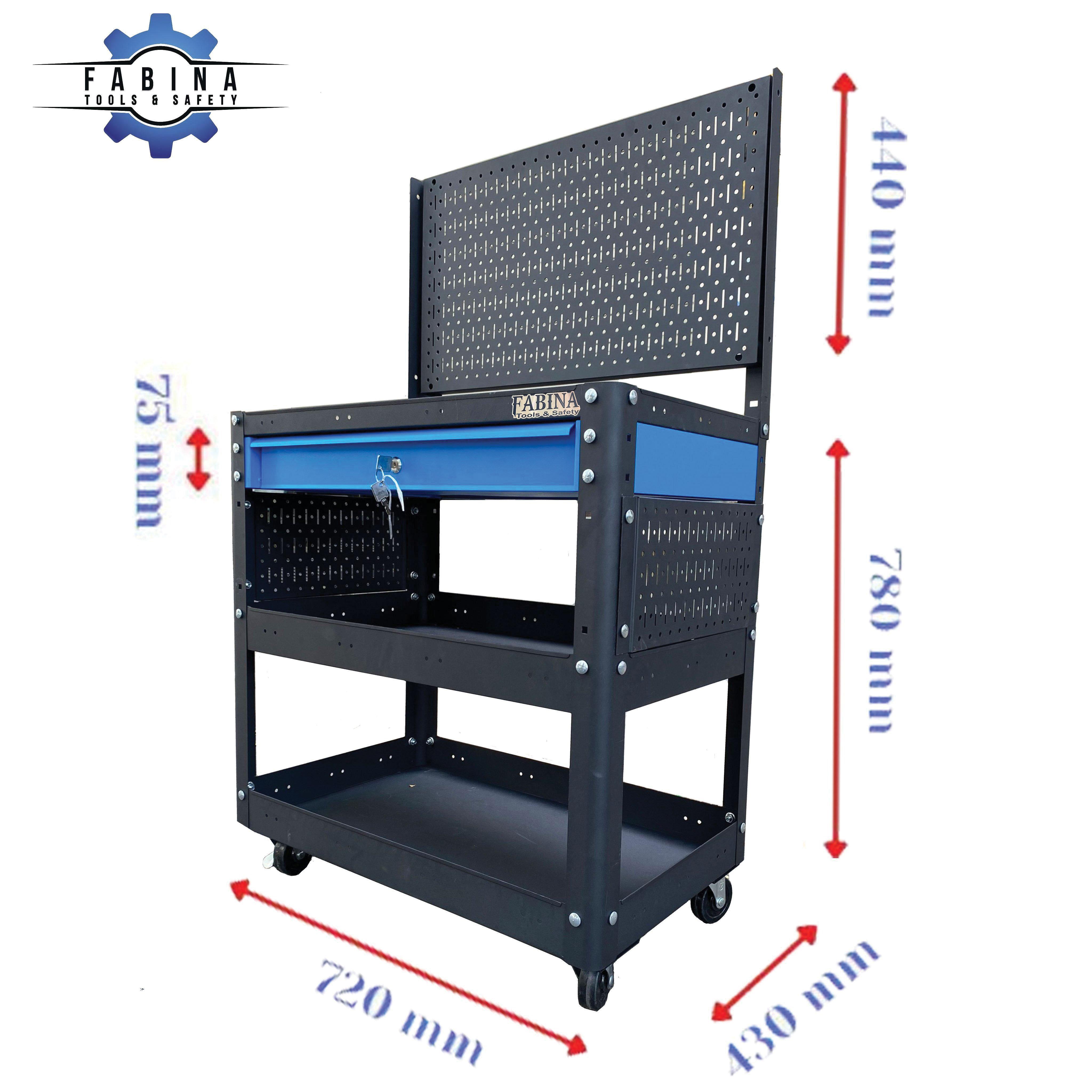 Kệ thép di động đa năng 1 hộc kéo xanh vách lưới màu đen Fabina