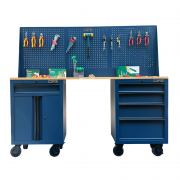 Bộ Bàn Nguội CSPS 183cm - 05 hộc kéo màu xanh dương mặt ván gỗ vách lưới kèm bánh xe