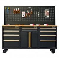 Tủ dụng cụ CSPS 183cm - 09 hộc kéo màu đen tay cầm vàng mặt ván gỗ kèm vách lưới