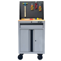 CSPS 61cm Black Tool Cabinet with Wooden Top, Pegboard, Casters – 4 Drawers (white handles)