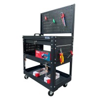 Multi-function trolley with 3 black compartments 1 yellow drawer with black mesh wall Fabina