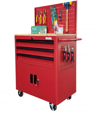 Tủ dụng cụ 3 hộc kéo 2 ngăn chứa màu đỏ kèm vách lưới Fabina